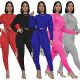 Fashion Solid Color Round Neck Long Sleeves Mini Top With Lace-Up Drawstring Trousers Two Piece Sets