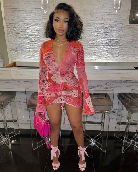 European and American women's sexy tight-fitting mesh printed deep V dress cross-border women's clot