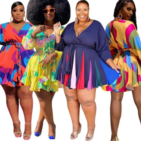 Sexy Contrast V-Neck Long Sleeves Plus Size Mini Dress OSS20858