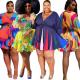 Sexy Contrast V-Neck Long Sleeves Plus Size Mini Dress OSS20858