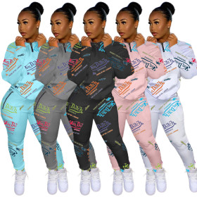 Fashion Digital Printed Zipper Long Sleeves Top With Trousers Two Piece Sets YX9259