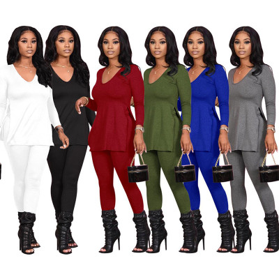 Autumn Solid Color Round Neck Long Sleeves Split Midi Top With Trousers Two Piece Sets Q2902-1