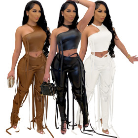 Sexy One Shoulder Sleeveless Cropped Tops With Strappy Trousers Leather Two Pieces Sets  AL154