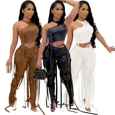 Sexy One Shoulder Sleeveless Cropped Tops With Strappy Trousers Leather Two Pieces Sets  AL154