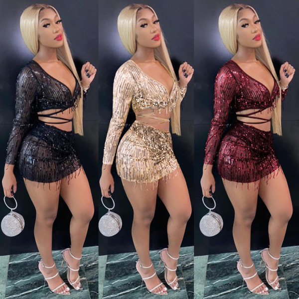 Sexy See-Through V-Neck Long Sleeves Cropped Top With Mini Skirt Tassels Two Pieces Sets XZ3831
