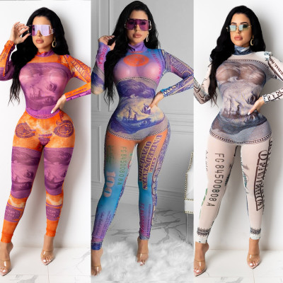 Fashion US Dollar Printed Round Neck Long Sleeves Bodycon Jumpsuit CY1287