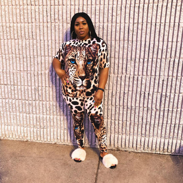 Fat Women plus size Womens casual cheetah print round neck T-shirt trousers suit XL-4XL ONY5078
