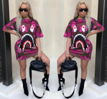 Ladies Casual Printed Round Neck Blue Short Sleeves Dress FF1013