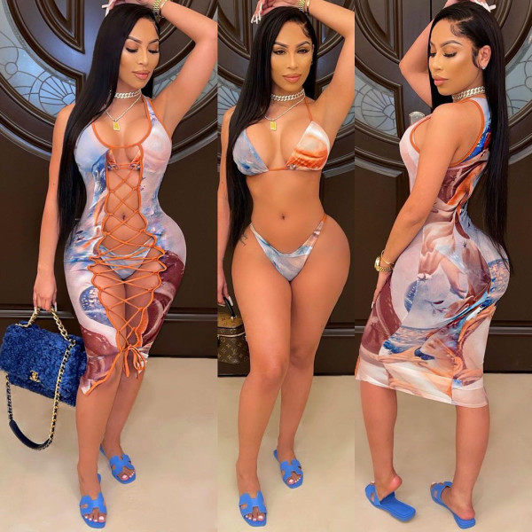 Sexy Printed Hollow Out Strappy Sleeveless Dress Three Pieces Sets S936