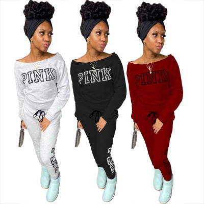 Casual Letter Printed Off Shoulder Long Sleeves Top With Drawstring Trousers Two Pieces Sets TC054
