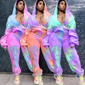 Fashion Tie Dye Printed Zipper Long Sleeves Hooded Cardigan With Straight Pants TK6137