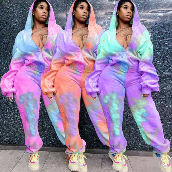 Fashion Tie Dye Printed Zipper Long Sleeves Hooded Cardigan With Straight Pants TK6137