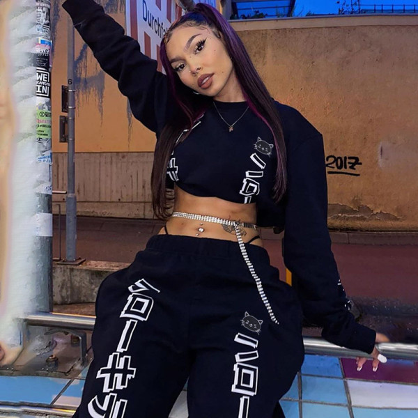 Casual Pattern Printed Round Neck Long Sleeves Sweater With Trousers Two Piece Sets CSM27459P