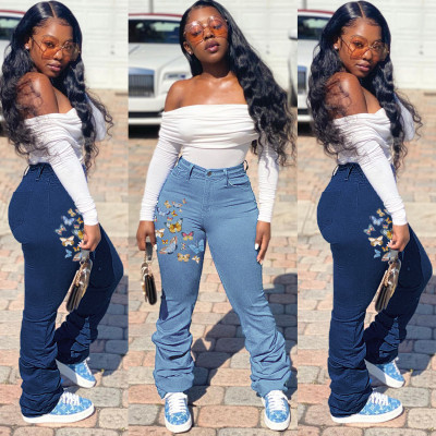 Fashion Butterfly Printed High Waist Stack Denim Trousers WWY8430