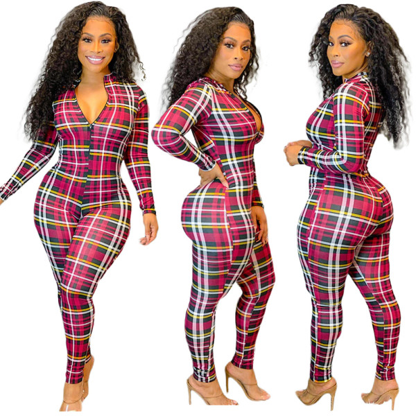 womens plaid printed zipper casual jumpsuit BLX7550