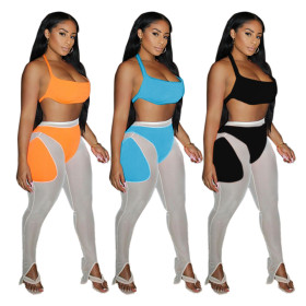 Womens mesh splicing tube top casual sports two-piece suit TRS1113