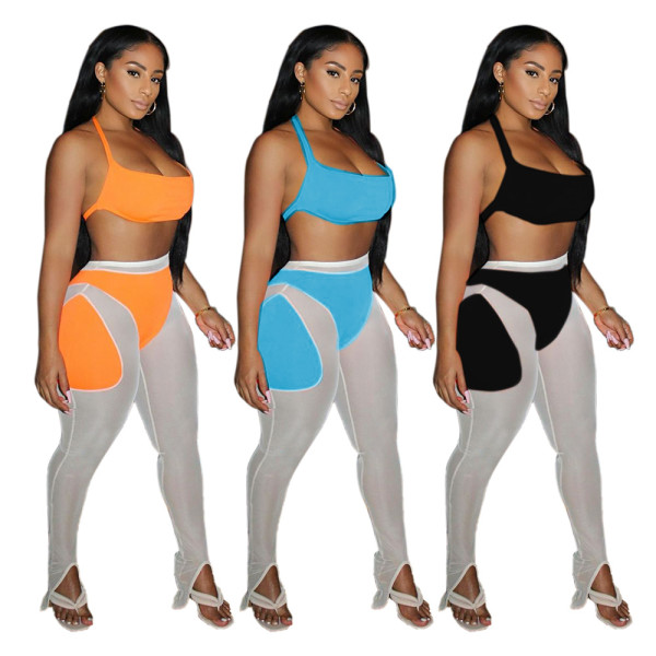 Womens mesh splicing tube top casual sports two-piece suit TRS1113