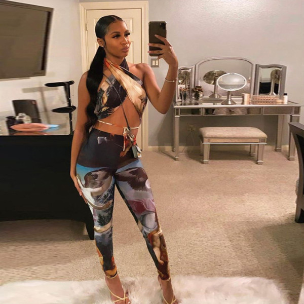 Sleeveless Tie Sexy Hollow Fashion Printed Skinny Suit K20S11126