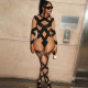 Fashion Mesh Contrast Printed Round Neck Long Sleeves Bodysuit With Trousers Two Pieces Sets  K20S10