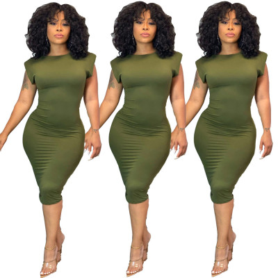 Spring and summer new solid color temperament bag hip sleeveless shoulder pad dress RM8902