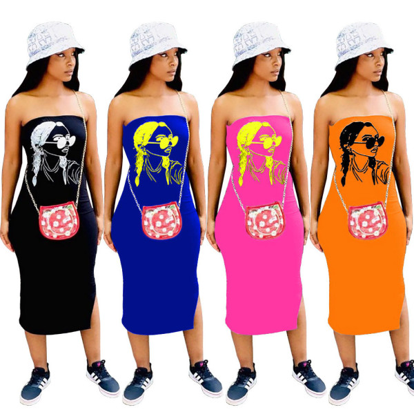 Fashion summer new sexy tube top print slit sleeveless dress MN2081