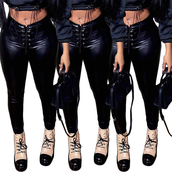 Autumn PU Leather Strappy Long Pants Q1060