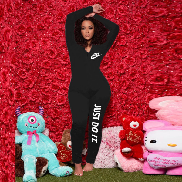 Sexy Printed Zipper V-Neck Long Sleeves Skinny Jumpsuit AMM8833