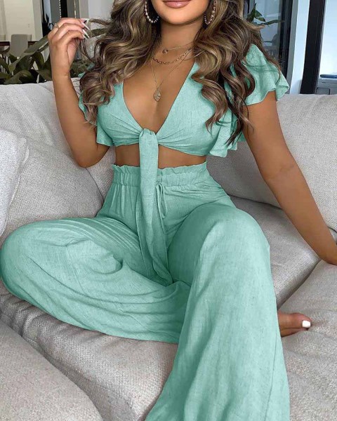 Ruffled knotted short sexy top and high-waist printed wide-leg pants suit OYM640626959526