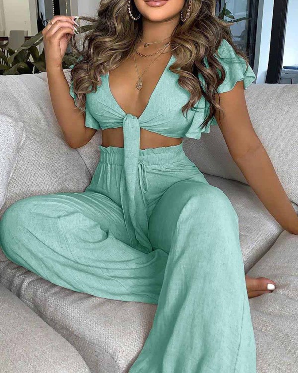 Ruffled knotted short sexy top and high-waist printed wide-leg pants suit OYM640626959526