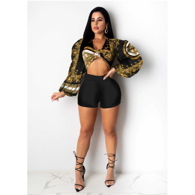 Sexy Pattern Printed V-Neck Long Sleeves Cropped Top WDS200628