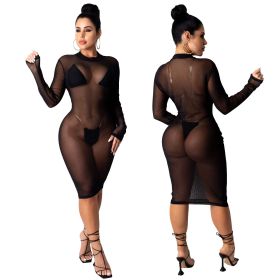 Sexy Mesh Perspective Round Neck Long Sleeves Skinny Dress SMR9883