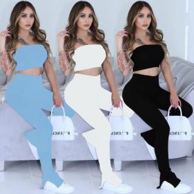 Womens fashion casual sexy solid color tube top trousers side slit nightclub style slim two-piece su