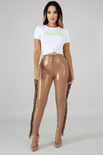 Fashion Tassel Stitching High Elastic Leather Long Pants A3241