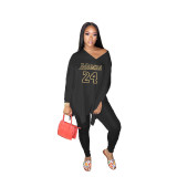 Casual Letter Printed V-Neck Long Sleeves Top With Trousers Plus Size Two Pieces Sets FS3644