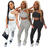 Sexy One Shoulder Sleeveless Backless Cropped Tops With Split Trousers Two Pieces Sets MN8339