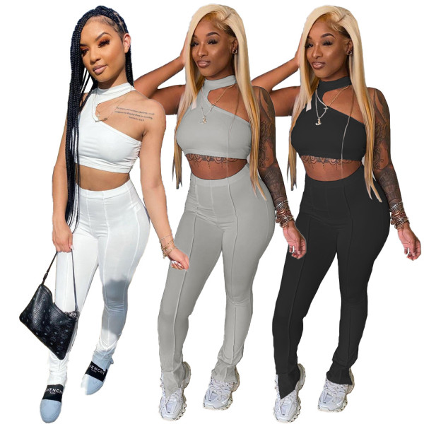 Sexy One Shoulder Sleeveless Backless Cropped Tops With Split Trousers Two Pieces Sets MN8339