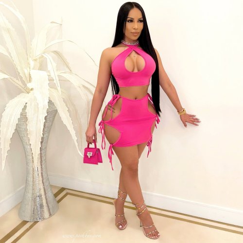 Women's sexy hollow halter neck strap two-piece suit nightclub two-piece suit FFT1091