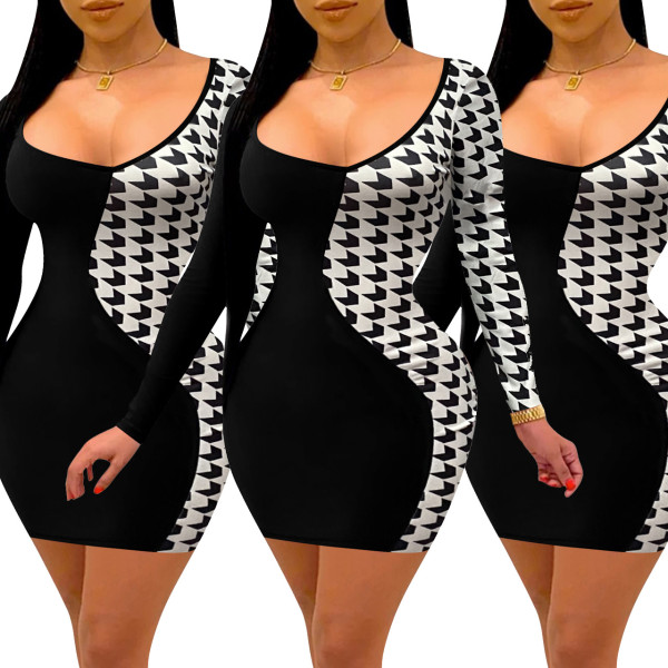 Fashion Stitching V-Neck Long Sleeves Mini Skinny Dress Q763