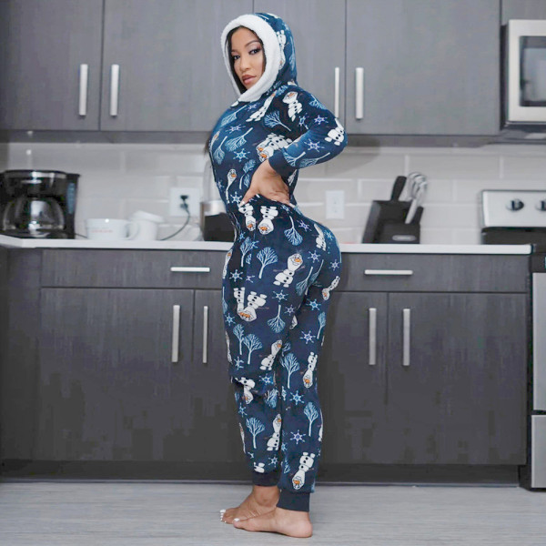 Casual Christmas Printed Zipper Long Sleeves Hooded Homewear Jumpsuit SN390043