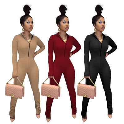 Sexy Zipper V-Neck Long Sleeves Split Skinny Jumpsuit P8548