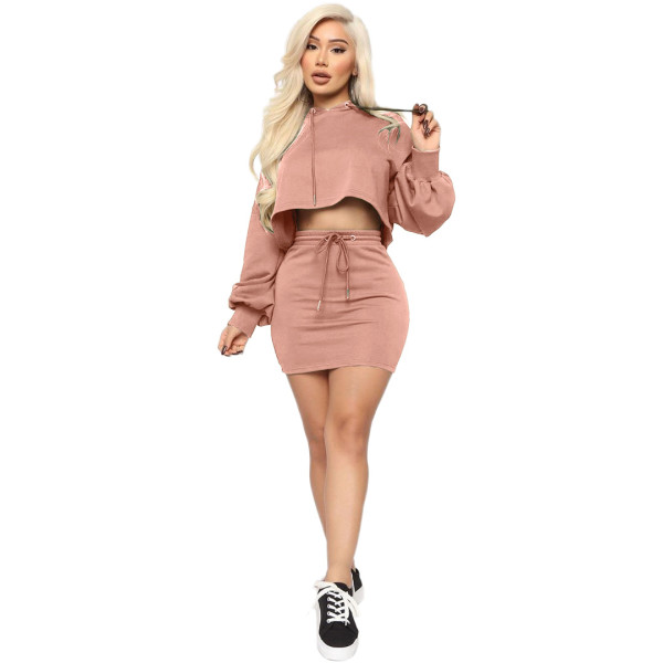 Fashion Solid Color Long Sleeves Hooded Mini Sweater With Drawstring Mini Skirt Two Piece Sets GL622