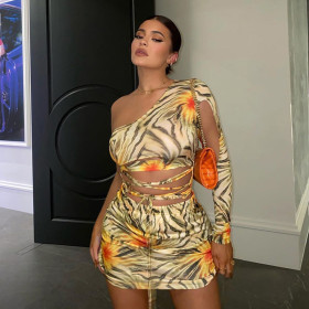 Sexy Printed One Shoulder Long Sleeves Hollow Out Mini B odycon Dress  K20D09372