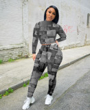 Fashion Printed High Collar Long Sleeves Mini Top With Trousers Two Piece Sets CY8053