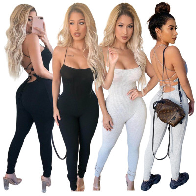 Nightclub solid color sexy threaded strap halter suspender jumpsuit GL6336