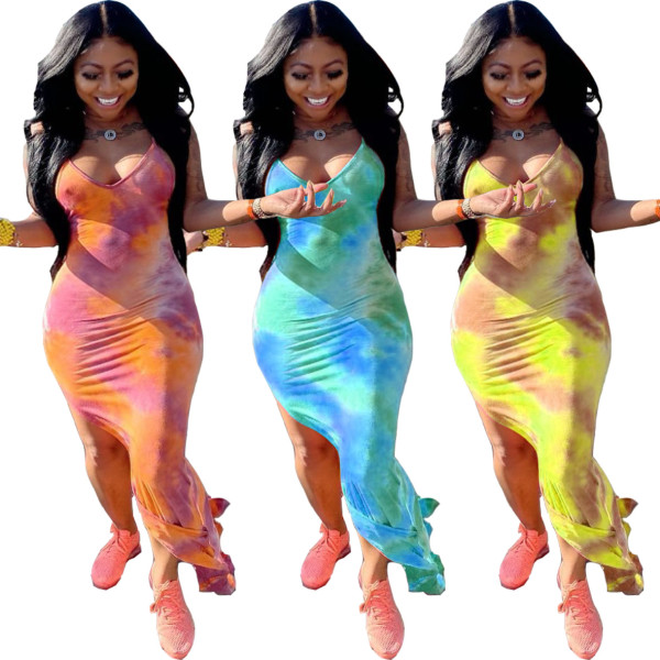 Ladies Fashion Tie Dye Printed Vest Camisole Dress NQ6005