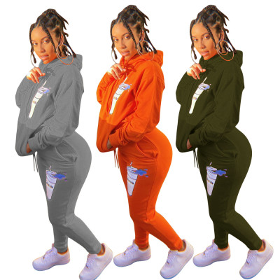 Casual Pattern Printed Long Sleeves Hooded Sweater With Trousers Two Piece Sets KK8231