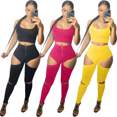 Fashion sexy solid color hole pants two-piece suit MN9296