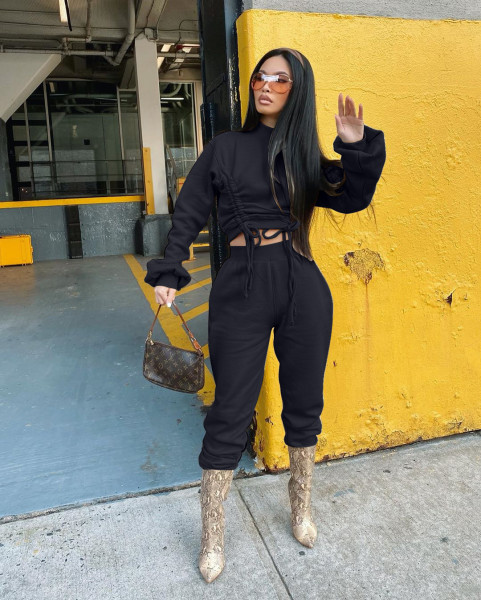 Autumn Solid Color High Collar Long Sleeves Drawstring Mini Top With Trousers Two Piece Sets WYM2028