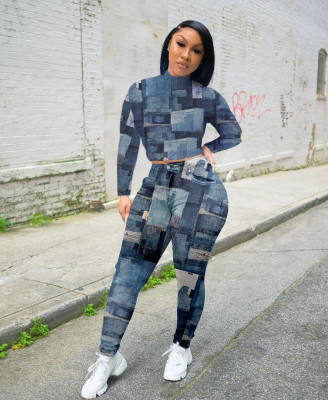 Fashion Printed High Collar Long Sleeves Mini Top With Trousers Two Piece Sets CY8053