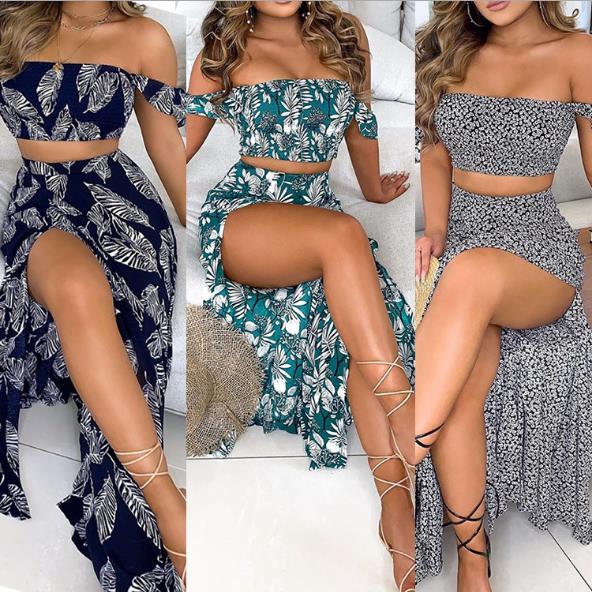 Womens Fashion Sexy Printed Tube Top Slit Skirt Two-piece Dress Summer HC722
